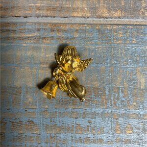 Vintage Gold-Tone Angel Lapel Pin Brooch With Bell Accent